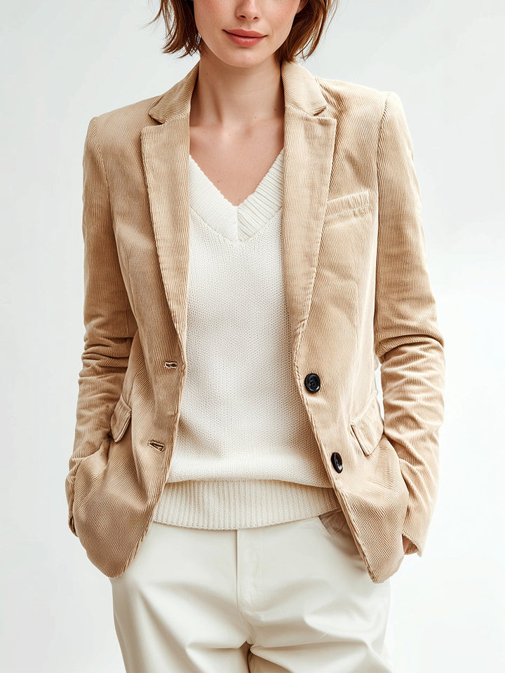 Aurielle Aveneu  Office Casual Beige Corduroy Notch Lapel Black Button Slim-Fit Blazer