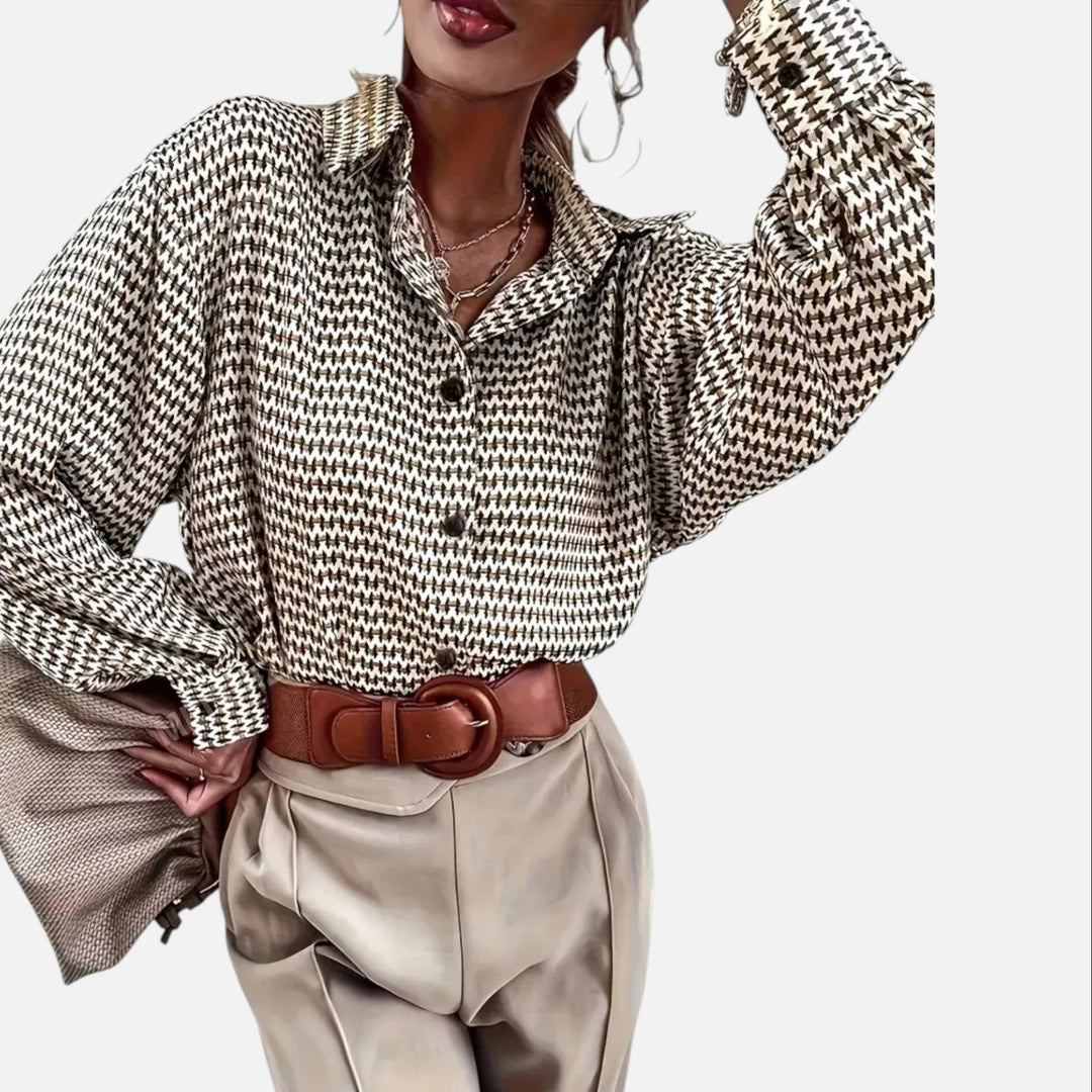 Aurielle Aveneu | Women's Geometric Print Blouse With Long Sleeve And Contrast Buttons | Chic